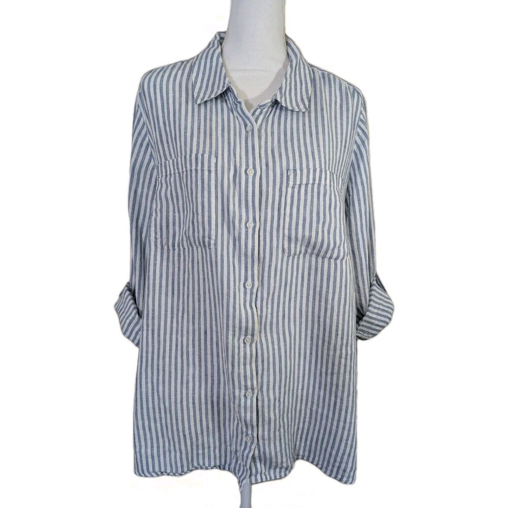 Charter Club Linen Top Womens 2X Blue White Stripe Roll Tab Long Sleeve Pockets